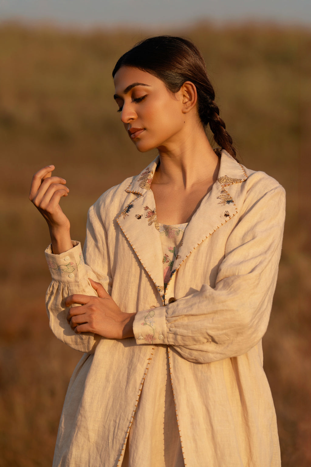 Sundarban Overlay Coat | Handwoven Linen Long Coat