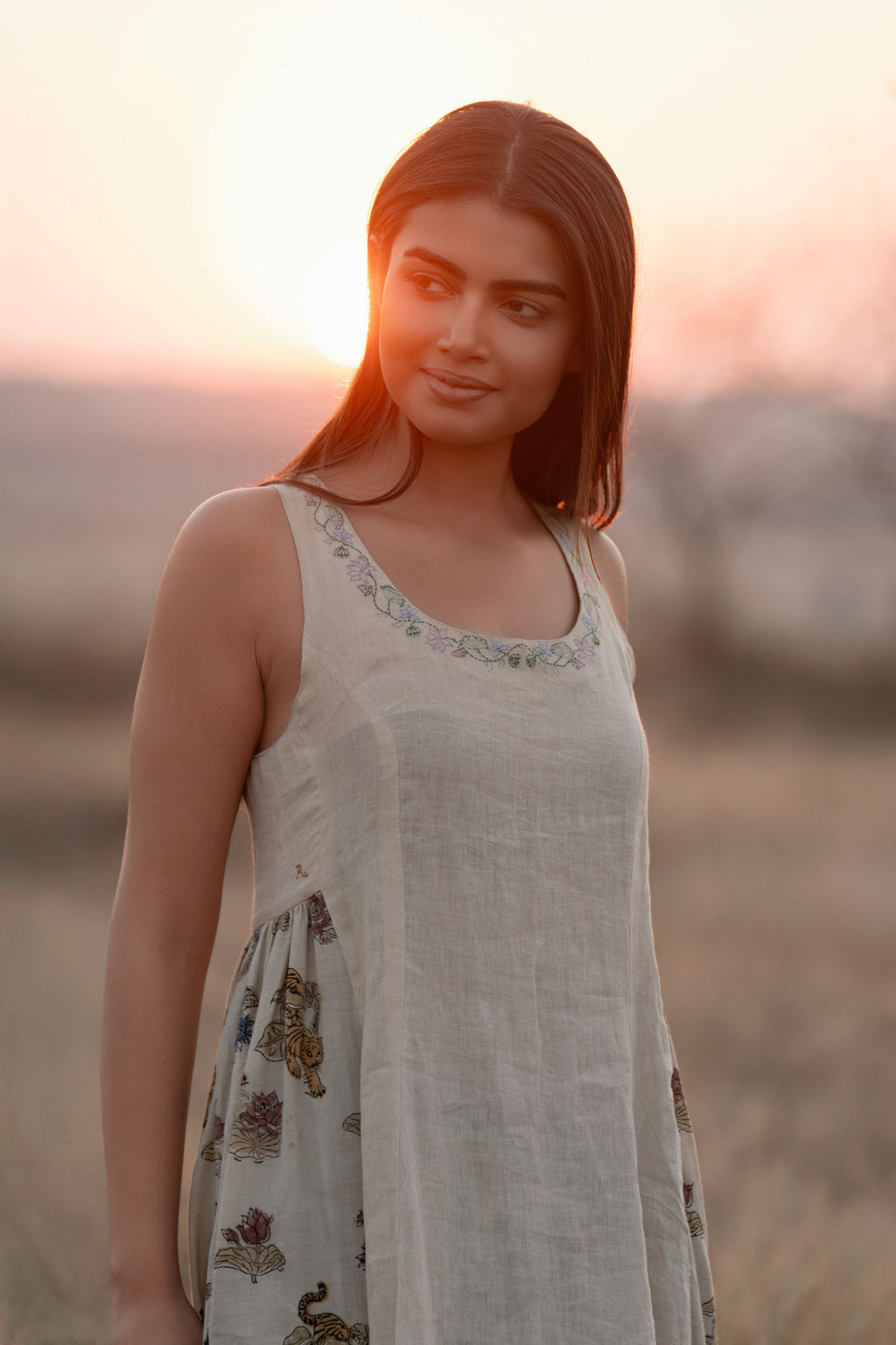 River Gather Dress | Linen & Block-Printed A-Line Dress